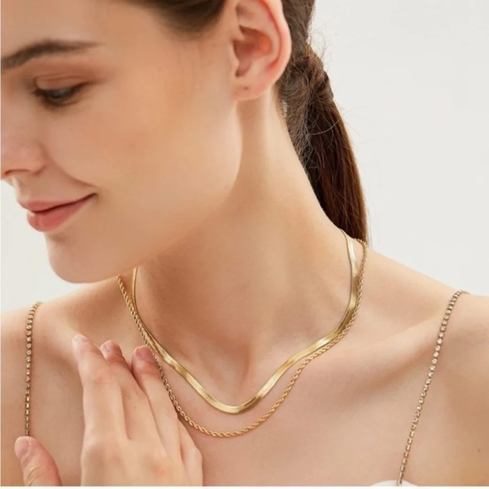 Gold 14k Gold Plated Herringbone Rope Layered Necklace